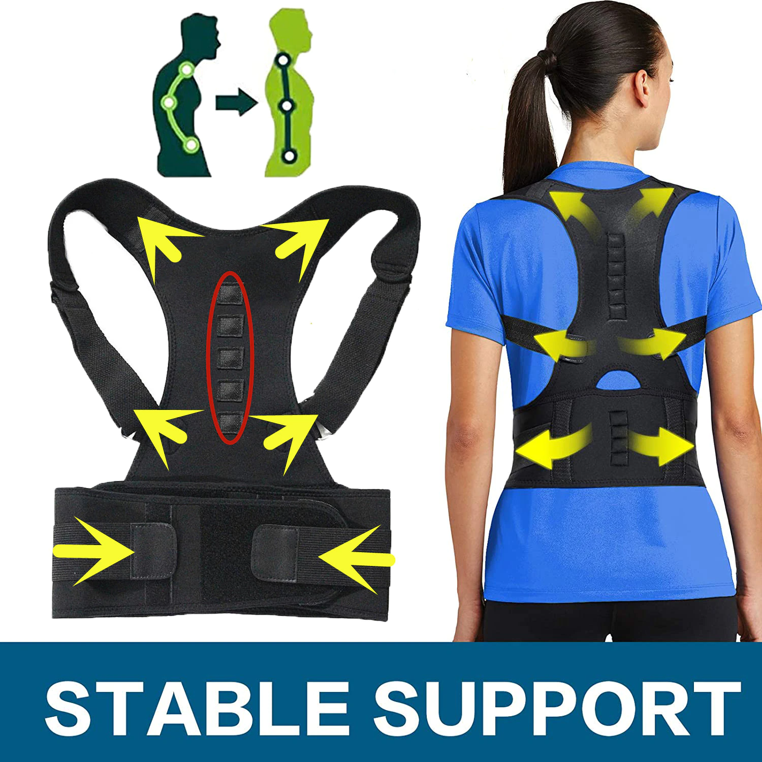 Woman wearing the PostureBasics Magnetic Support Brace, showing posture alignment